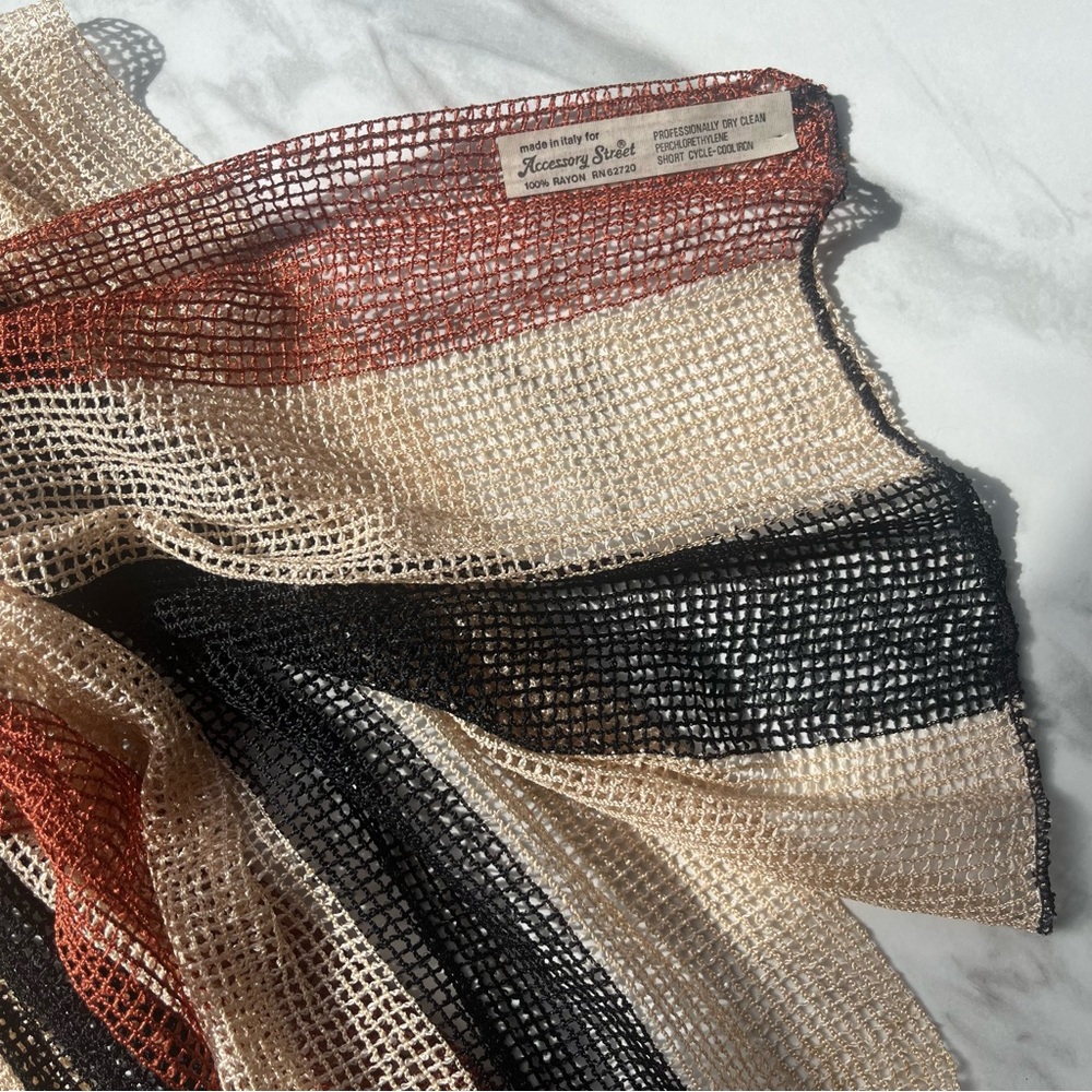 Vintage Accessory Street ITALY Mesh Striped Knit Scarf in Black Cream Brown VTG - Picture 2 of 4